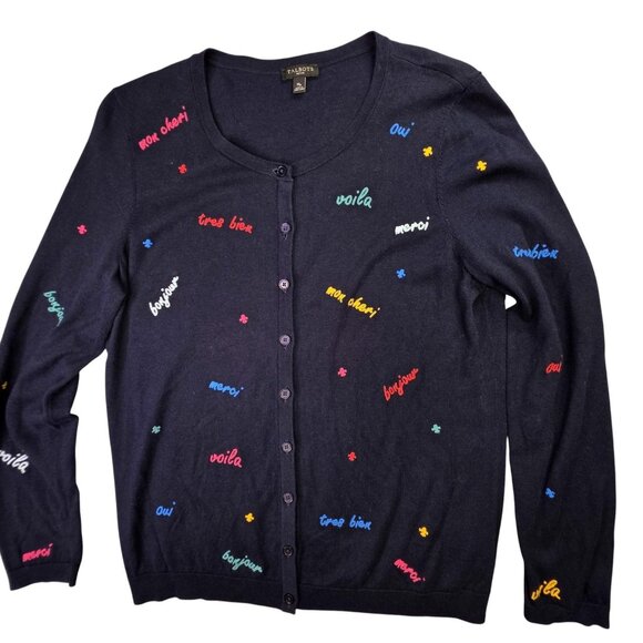 Talbots Sweater Womens Medium Petite Navy Blue French Words Embroidered Cardigan - Picture 1 of 12